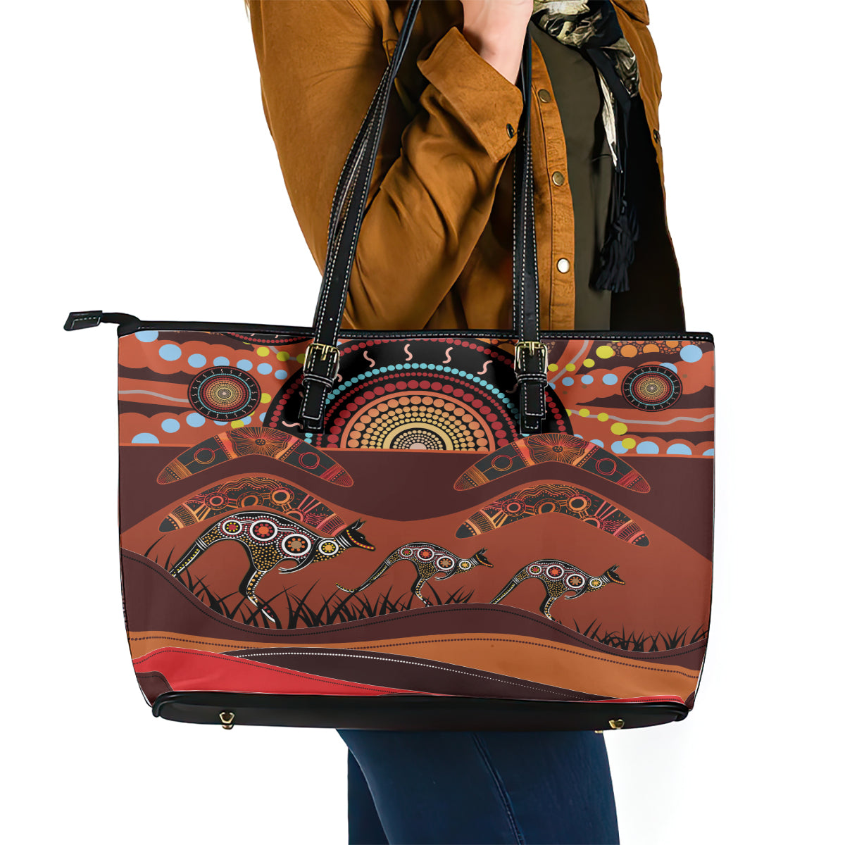 Bomerang and Kangaroo Aboriginal Art Leather Tote Bag