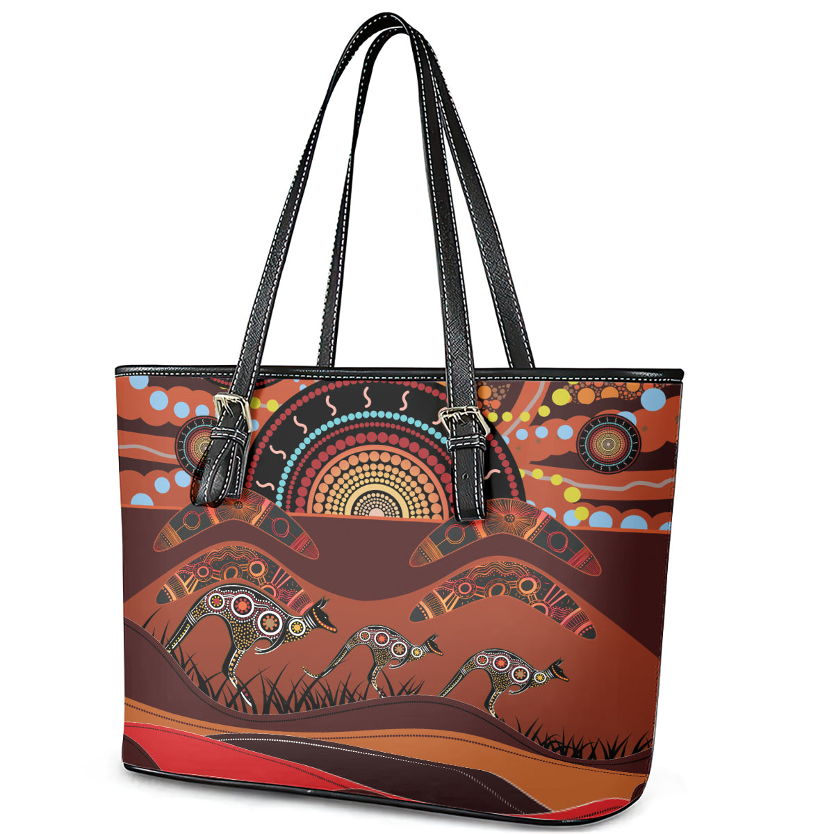 Bomerang and Kangaroo Aboriginal Art Leather Tote Bag