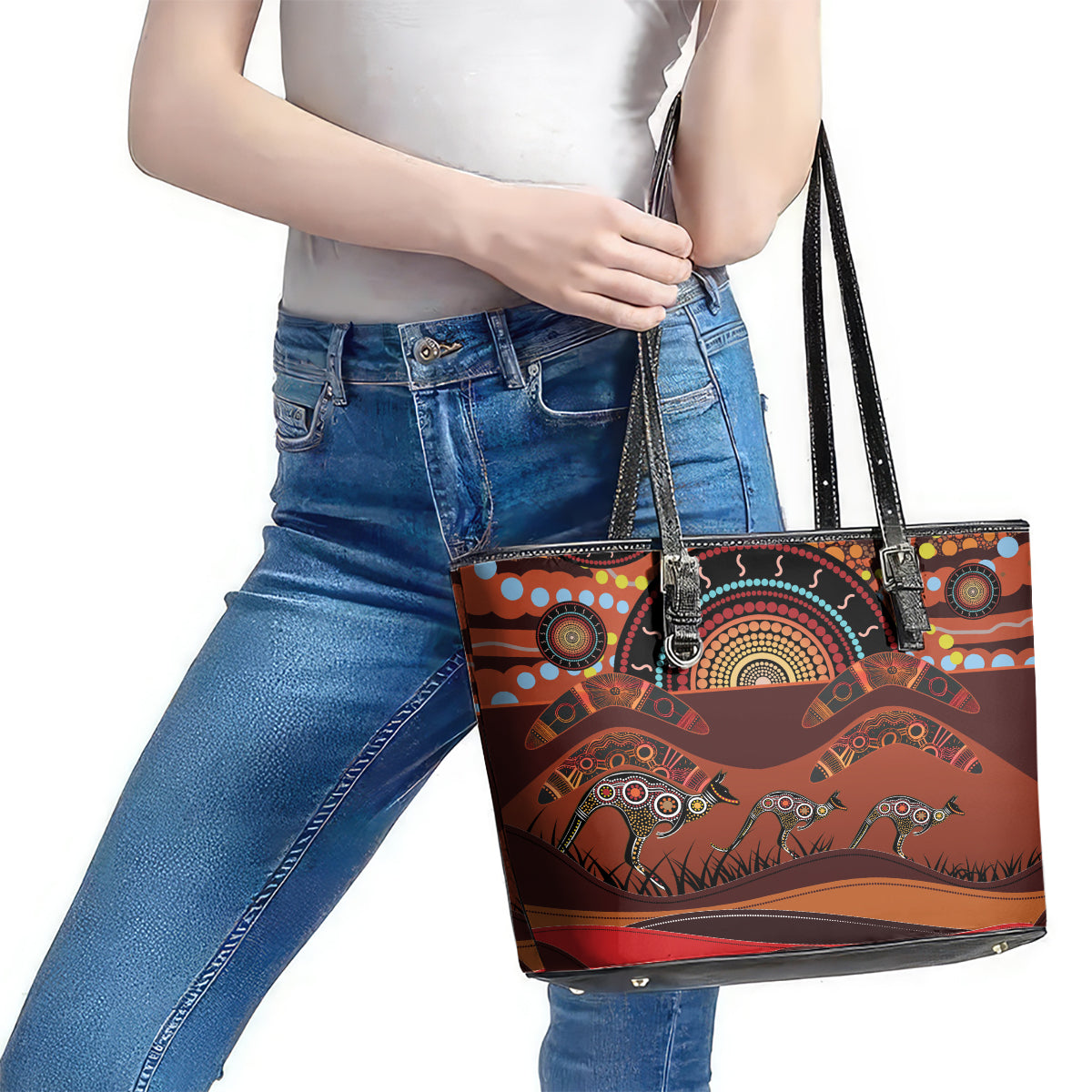 Bomerang and Kangaroo Aboriginal Art Leather Tote Bag