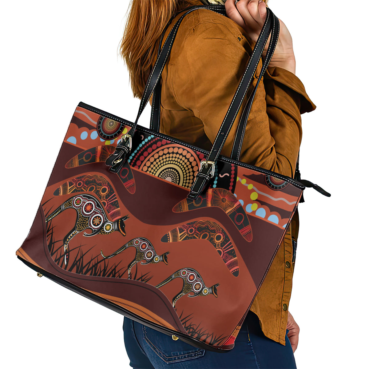 Bomerang and Kangaroo Aboriginal Art Leather Tote Bag