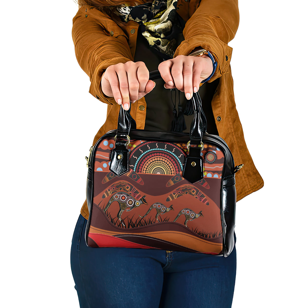 Bomerang and Kangaroo Aboriginal Art Shoulder Handbag