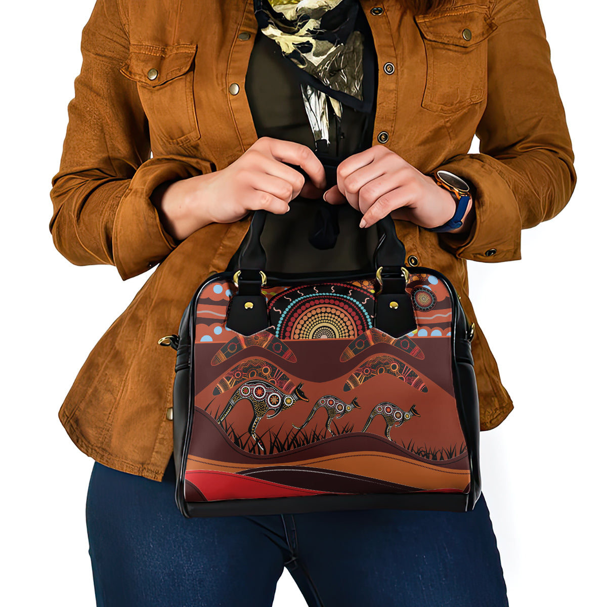 Bomerang and Kangaroo Aboriginal Art Shoulder Handbag