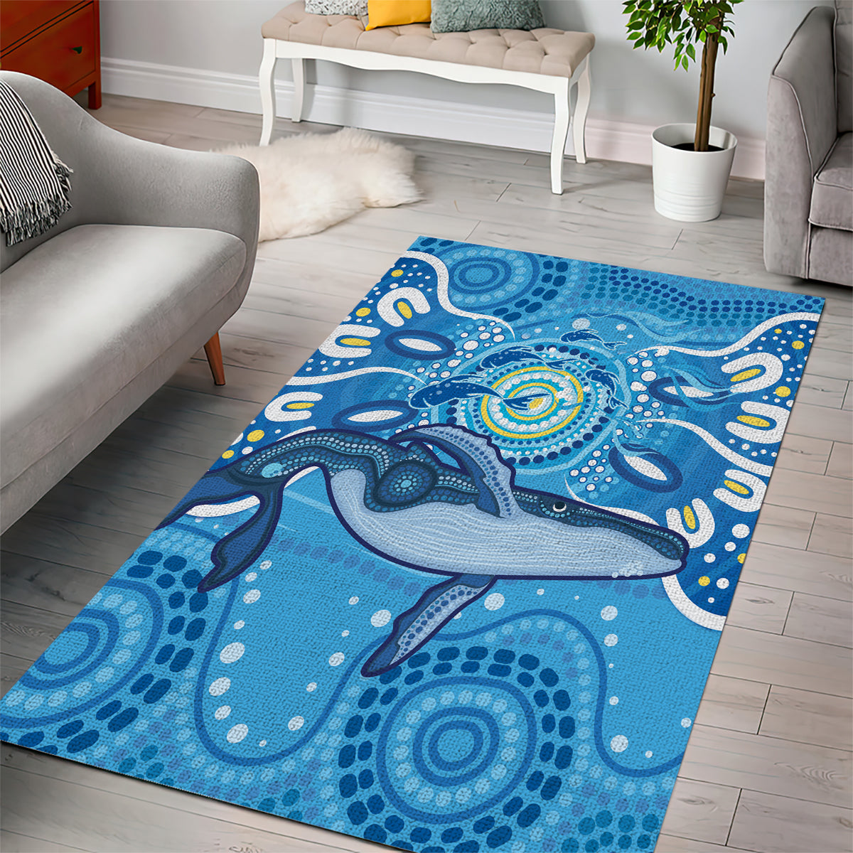 Whale In The Ocean Aboriginal Dot Art Area Rug No1