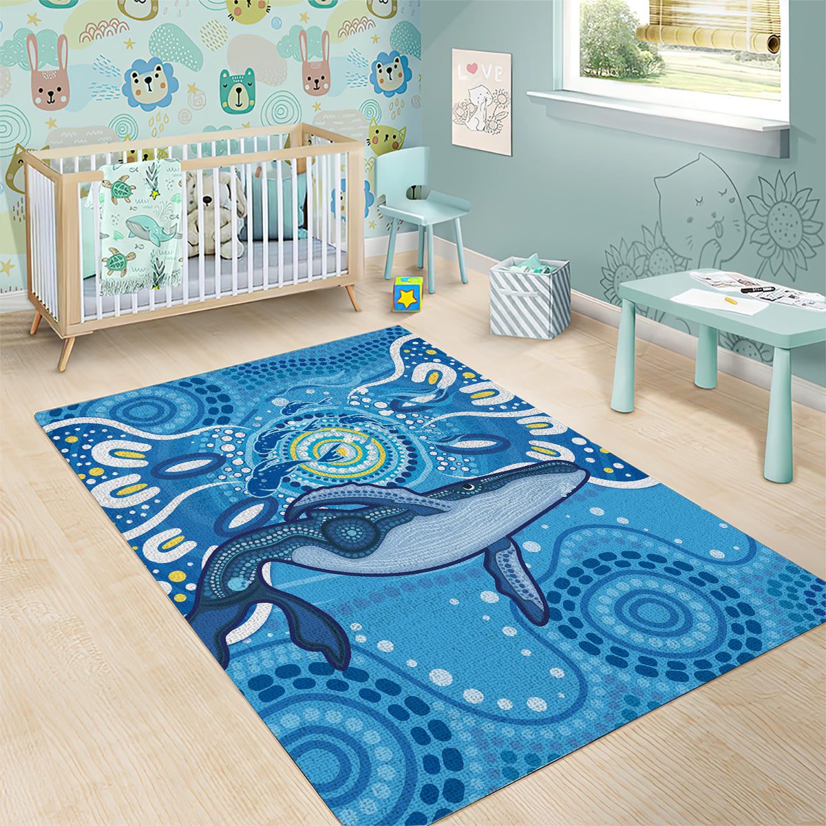 Whale In The Ocean Aboriginal Dot Art Area Rug No1