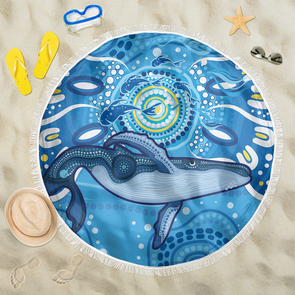 Whale In The Ocean Aboriginal Dot Art Beach Blanket No1