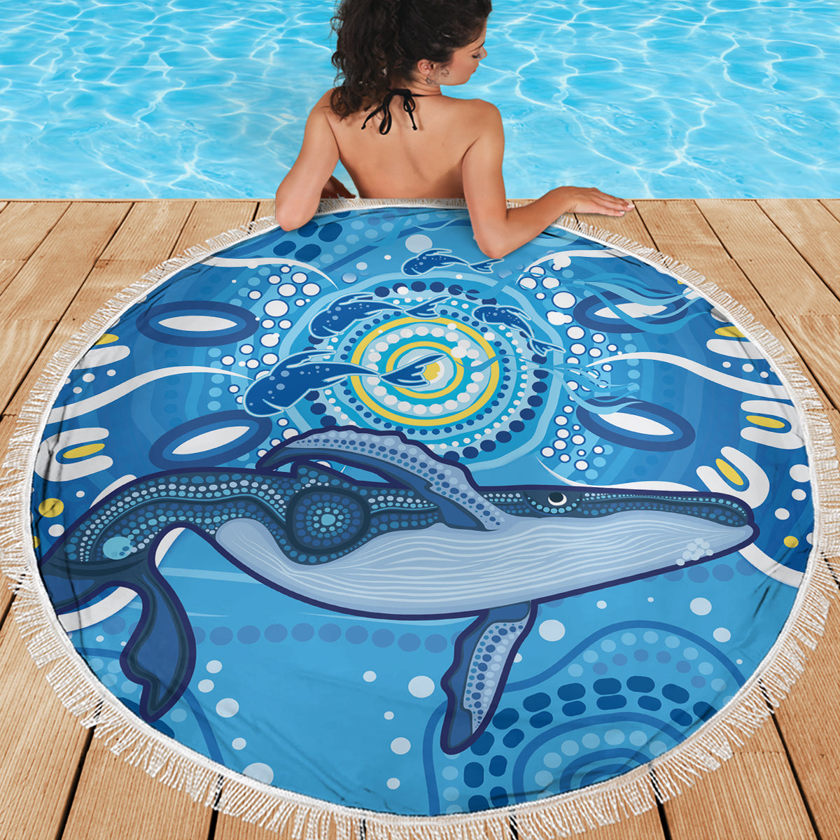 Whale In The Ocean Aboriginal Dot Art Beach Blanket No1