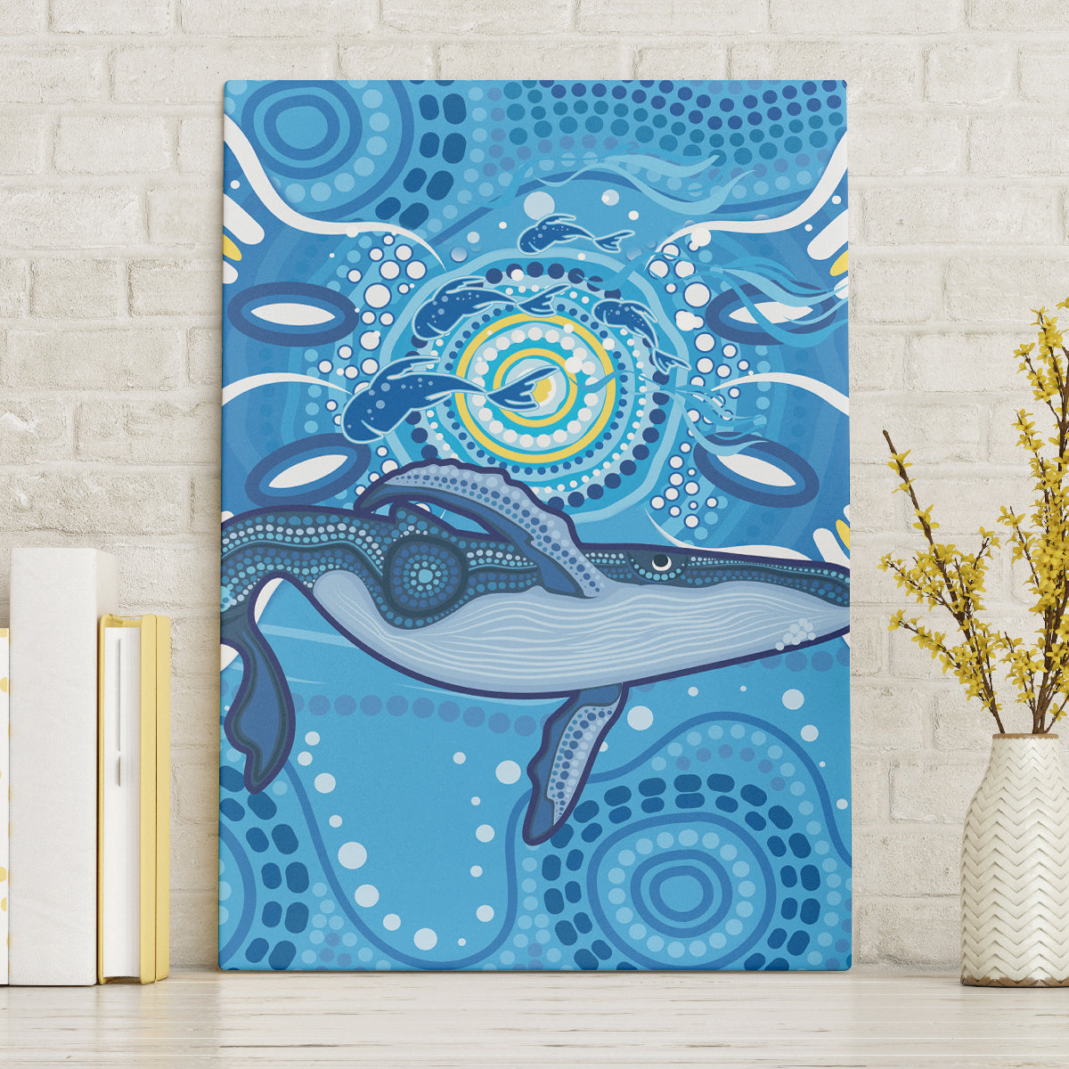 Whale In The Ocean Aboriginal Dot Art Canvas Wall Art No1