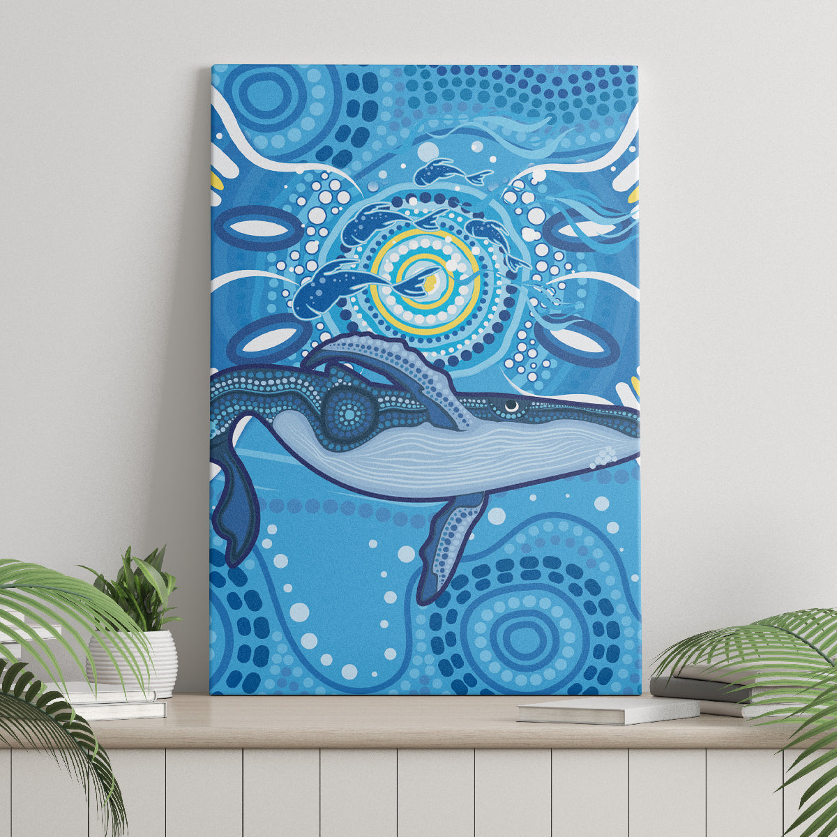 Whale In The Ocean Aboriginal Dot Art Canvas Wall Art No1