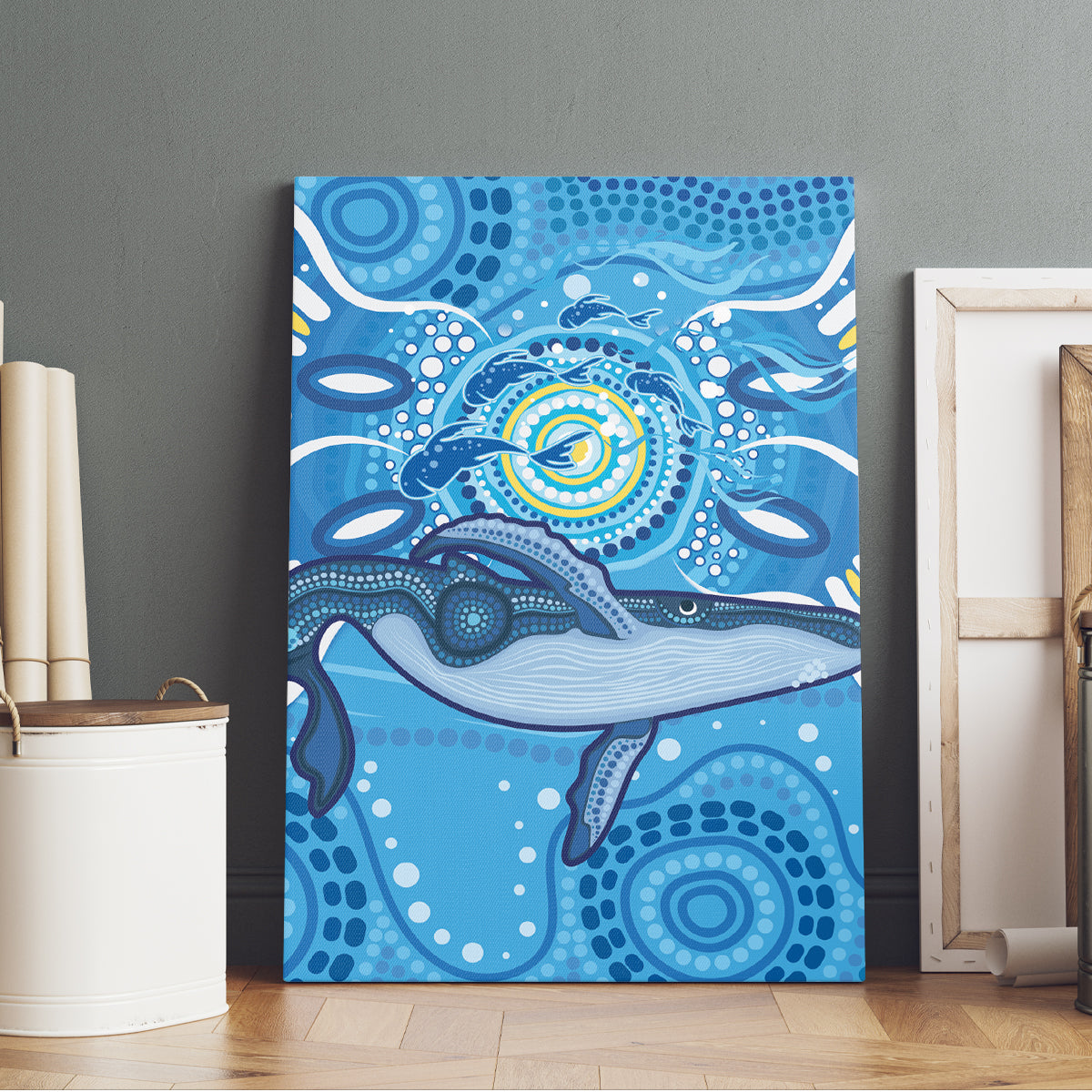 Whale In The Ocean Aboriginal Dot Art Canvas Wall Art No1