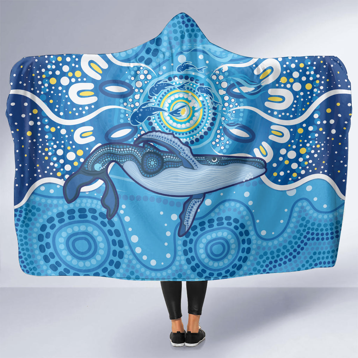 Whale In The Ocean Aboriginal Dot Art Hooded Blanket No1