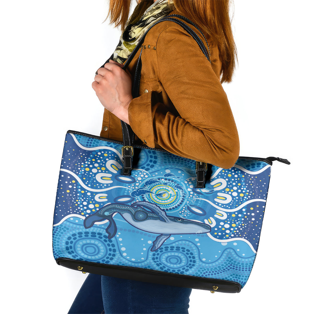 Whale In The Ocean Aboriginal Dot Art Leather Tote Bag No1