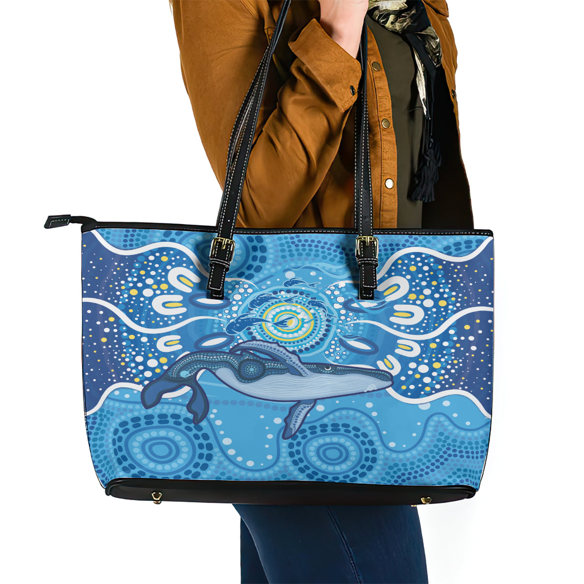 Whale In The Ocean Aboriginal Dot Art Leather Tote Bag No1