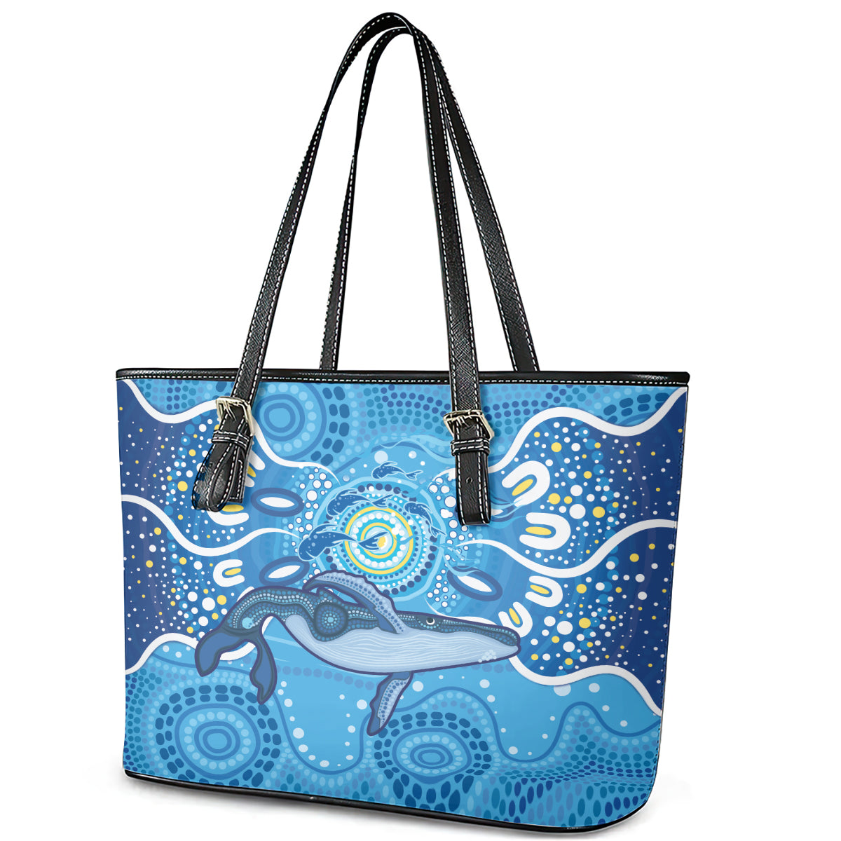 Whale In The Ocean Aboriginal Dot Art Leather Tote Bag No1