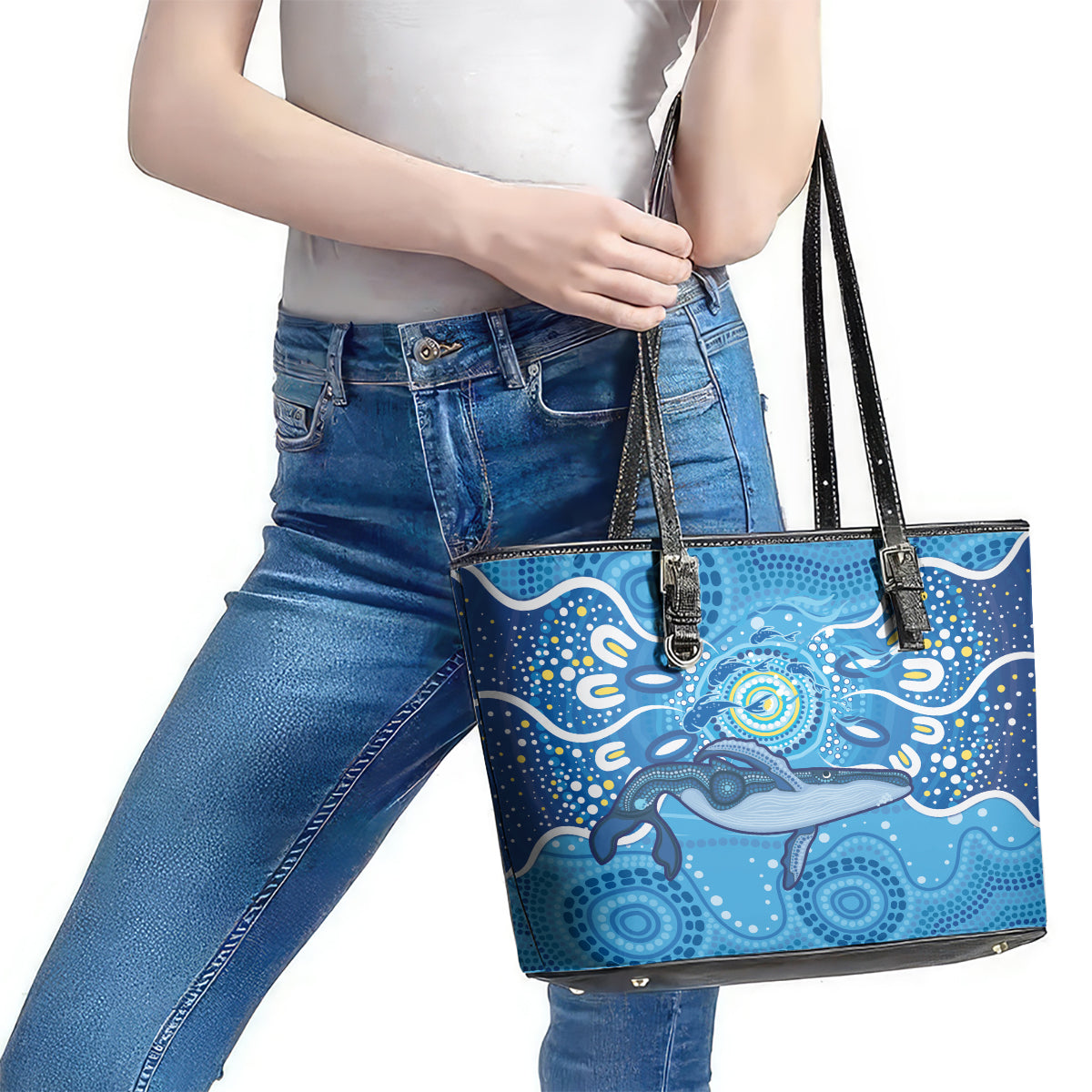 Whale In The Ocean Aboriginal Dot Art Leather Tote Bag No1