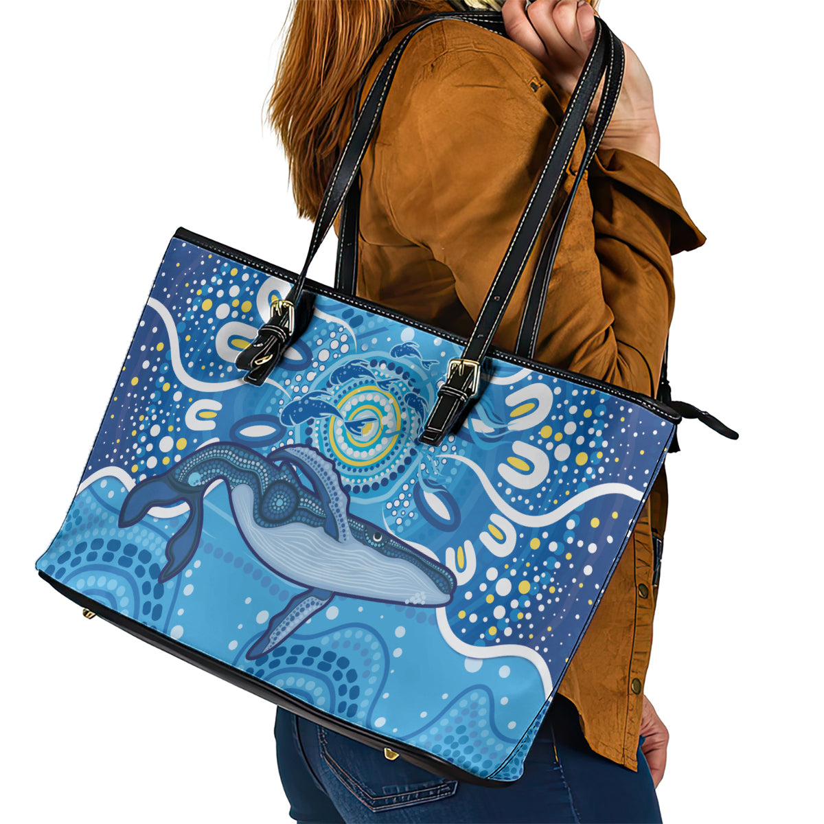 Whale In The Ocean Aboriginal Dot Art Leather Tote Bag No1