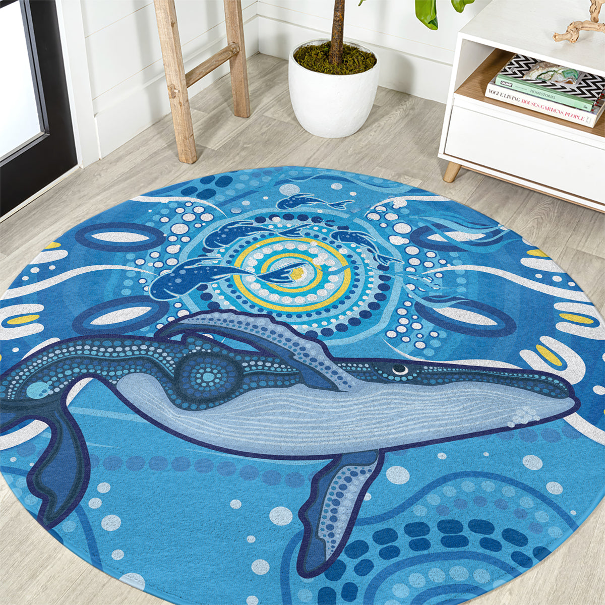 Whale In The Ocean Aboriginal Dot Art Round Carpet No1