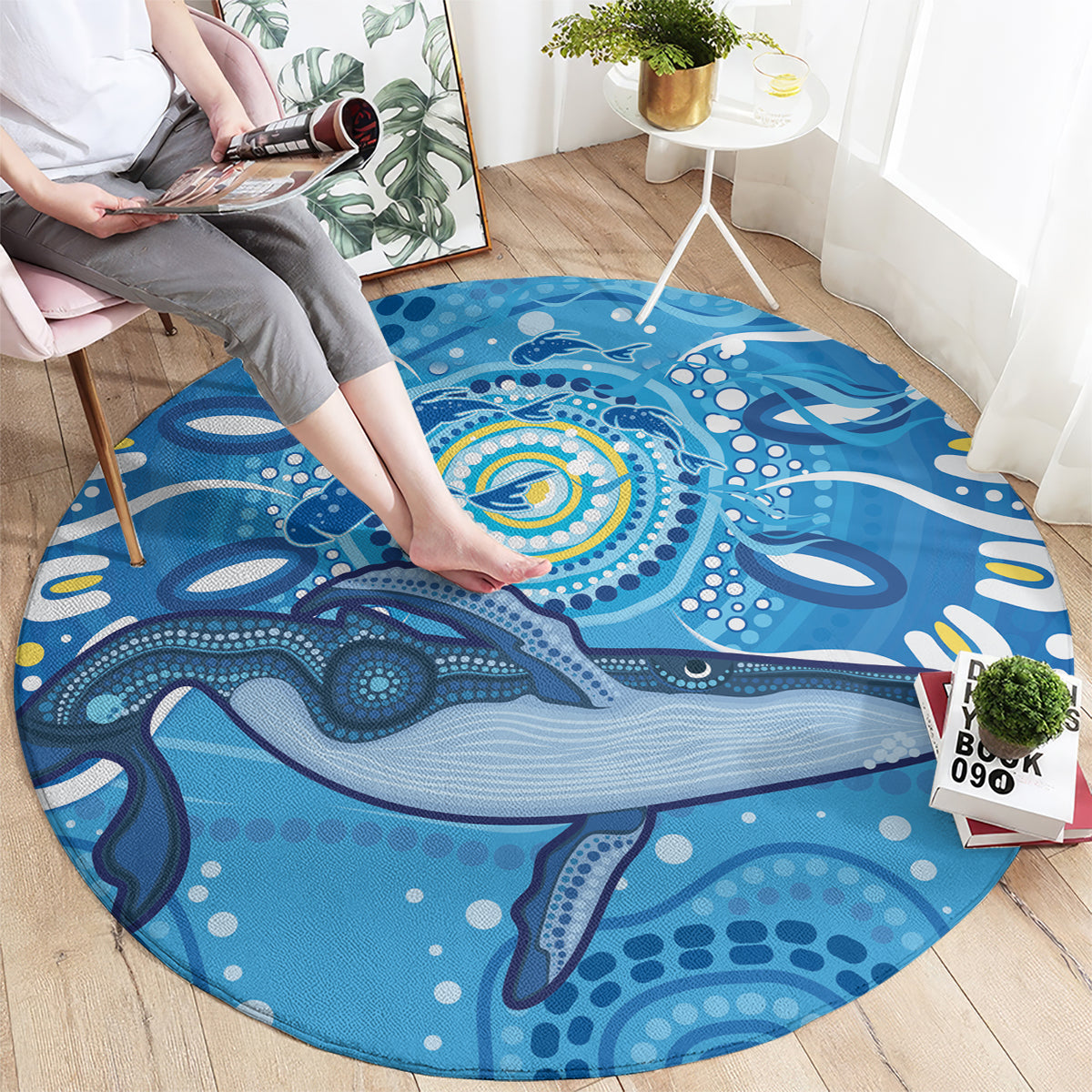 Whale In The Ocean Aboriginal Dot Art Round Carpet No1