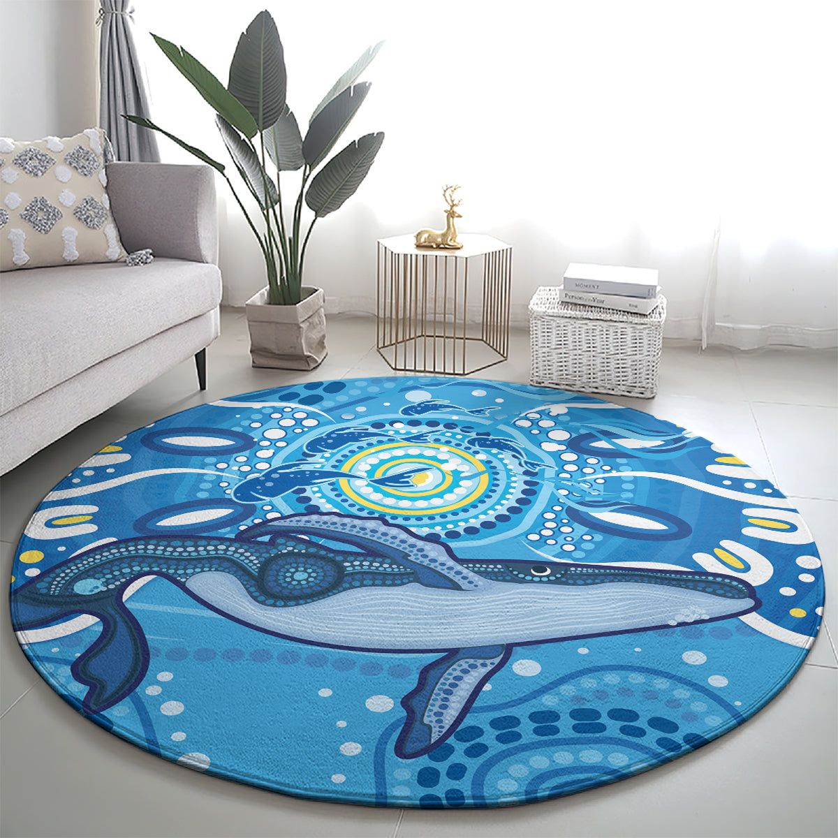 Whale In The Ocean Aboriginal Dot Art Round Carpet No1