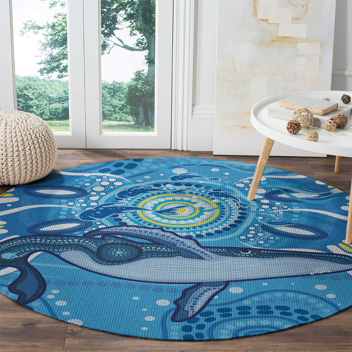 Whale In The Ocean Aboriginal Dot Art Round Carpet No1