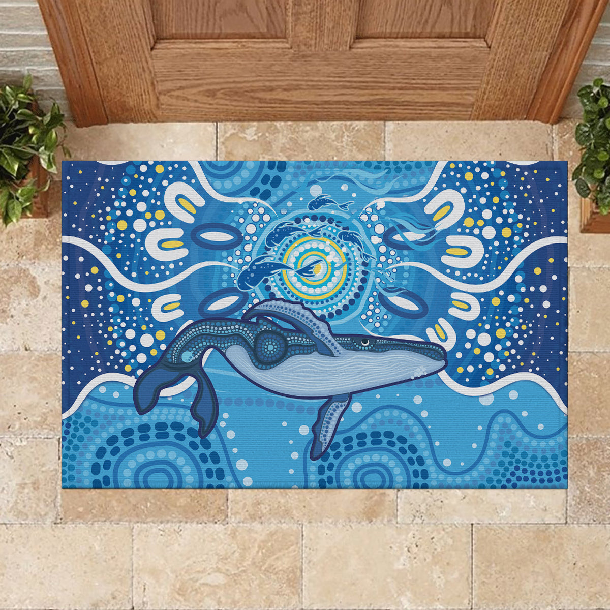 Whale In The Ocean Aboriginal Dot Art Rubber Doormat No1