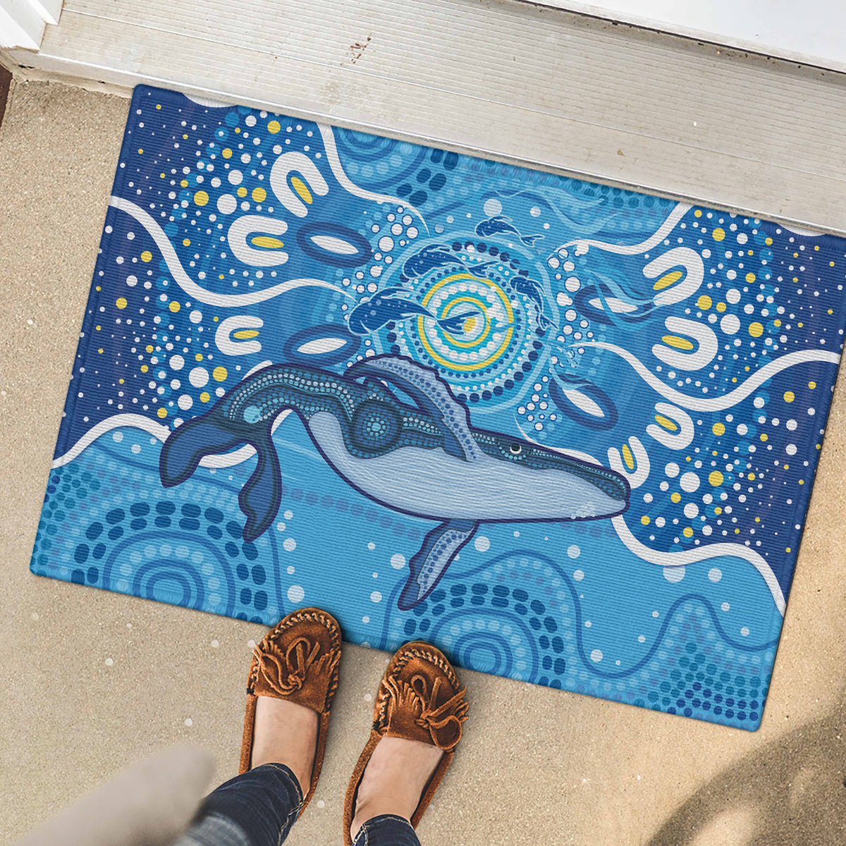 Whale In The Ocean Aboriginal Dot Art Rubber Doormat No1