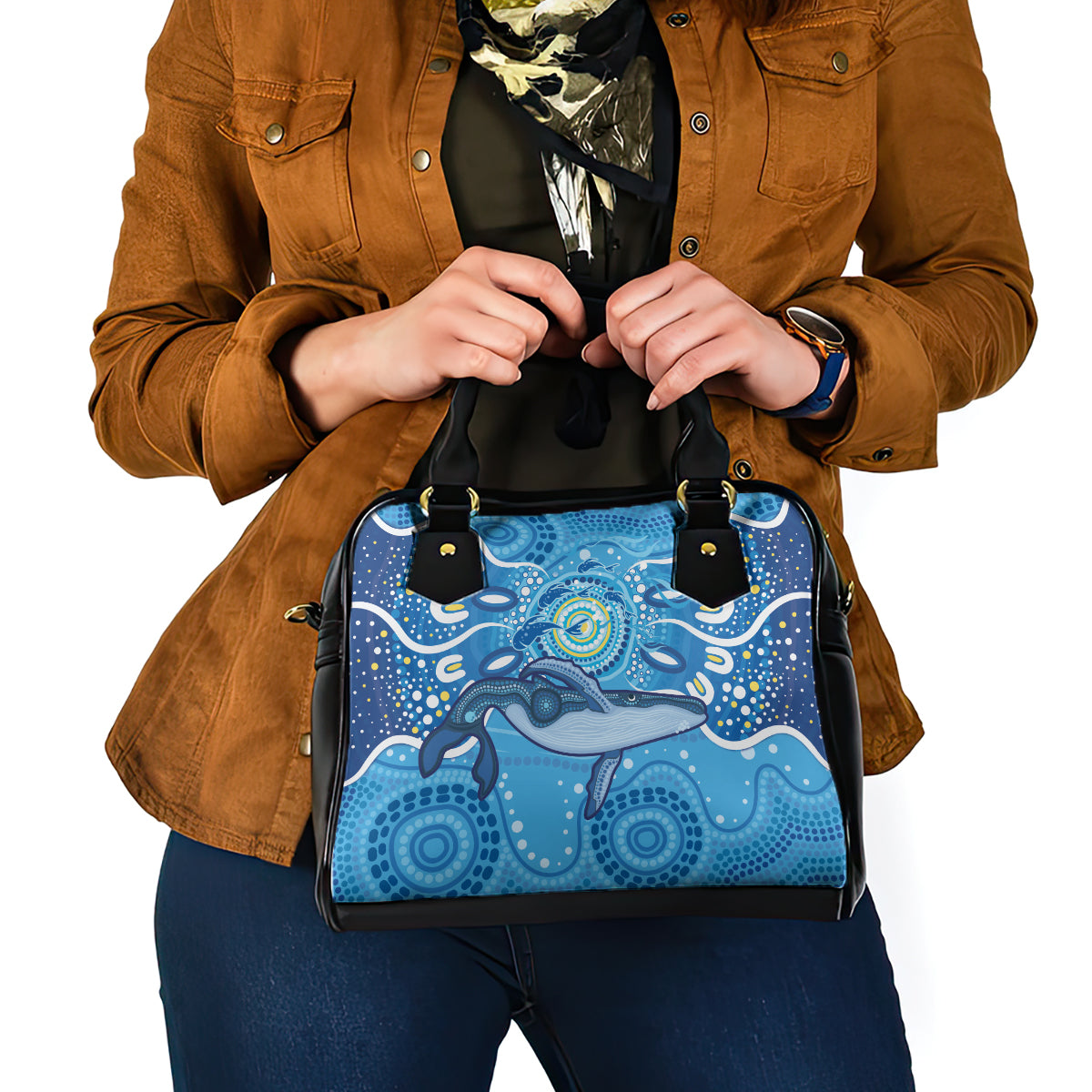 Whale In The Ocean Aboriginal Dot Art Shoulder Handbag No1