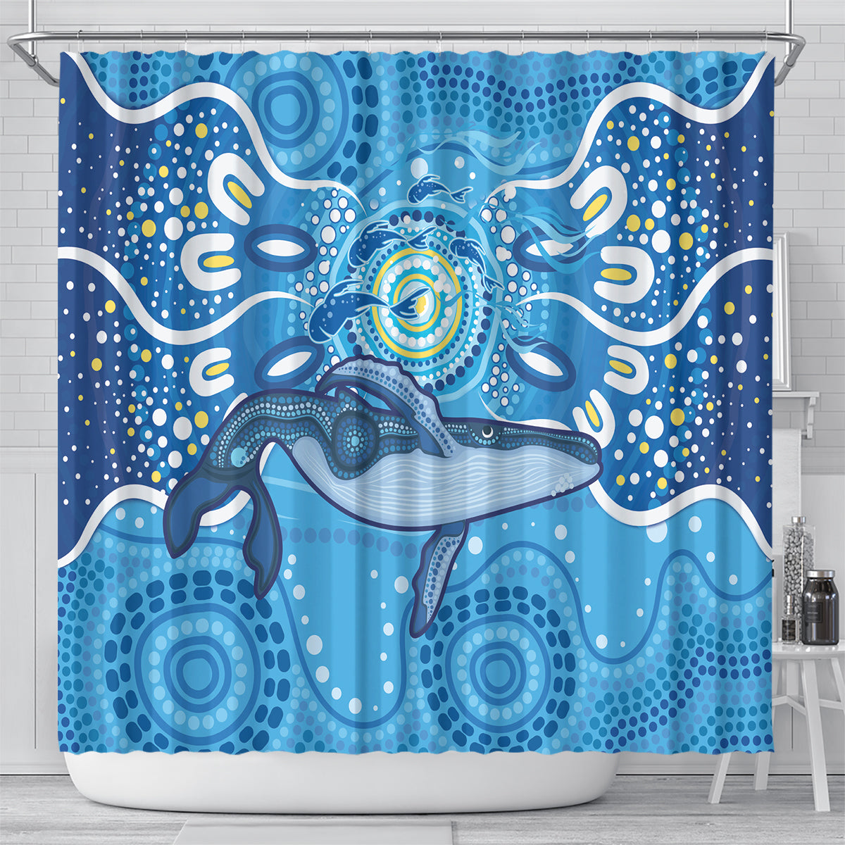 Whale In The Ocean Aboriginal Dot Art Shower Curtain No1