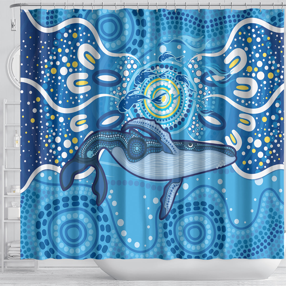 Whale In The Ocean Aboriginal Dot Art Shower Curtain No1