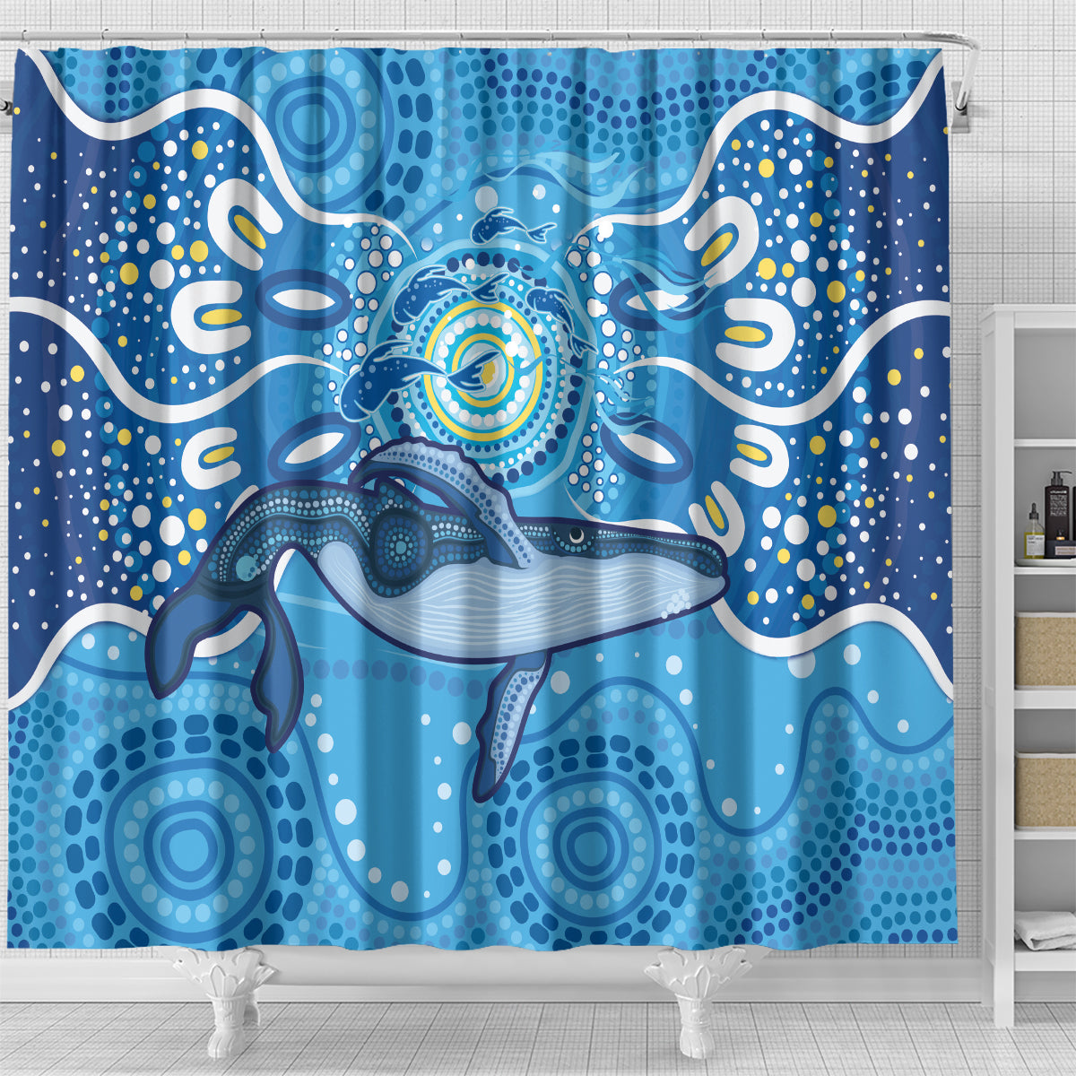 Whale In The Ocean Aboriginal Dot Art Shower Curtain No1