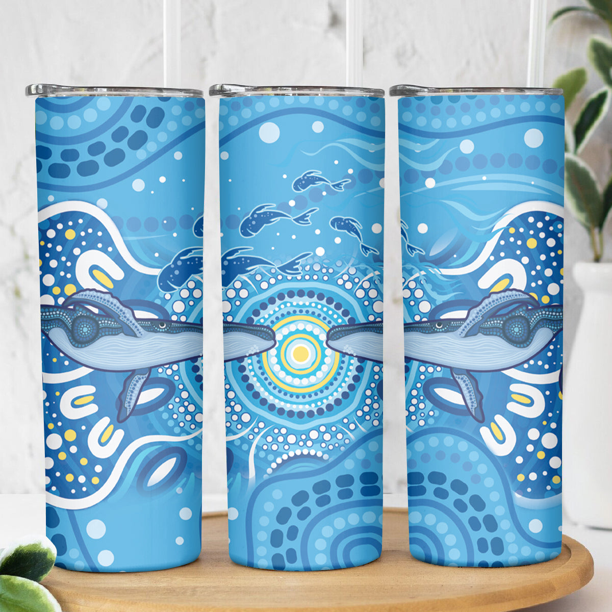 Whale In The Ocean Aboriginal Dot Art Skinny Tumbler No1