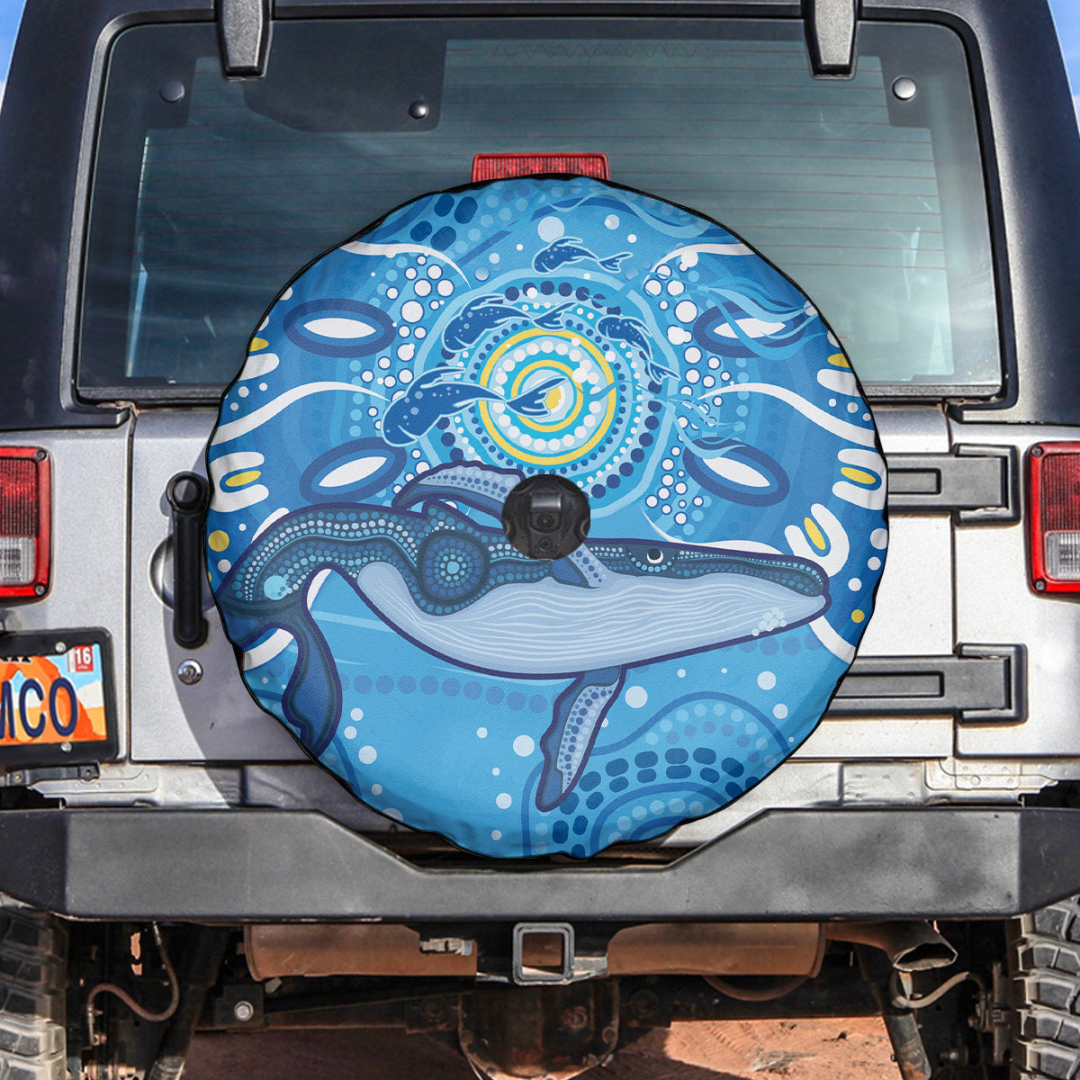 Whale In The Ocean Aboriginal Dot Art Spare Tire Cover No1