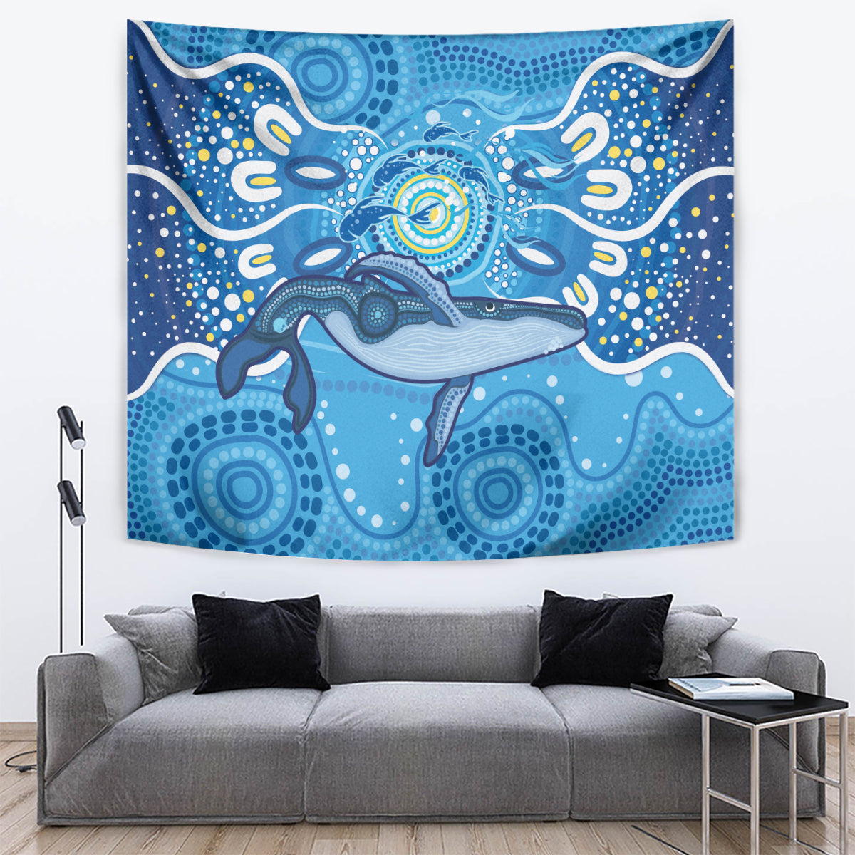 Whale In The Ocean Aboriginal Dot Art Tapestry No1