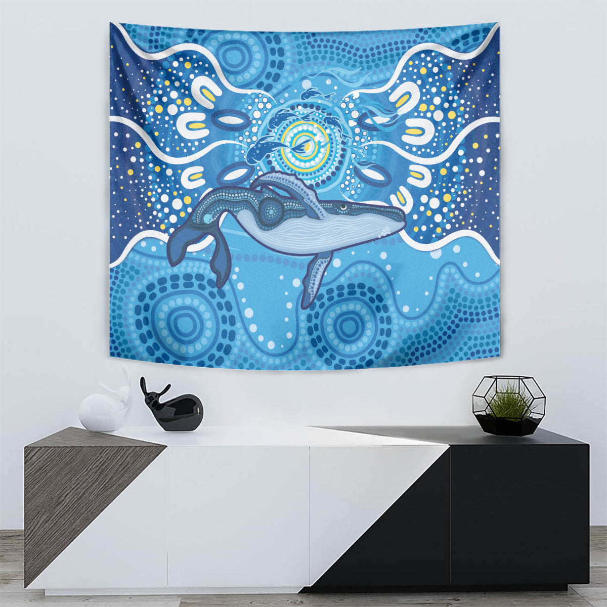 Whale In The Ocean Aboriginal Dot Art Tapestry No1