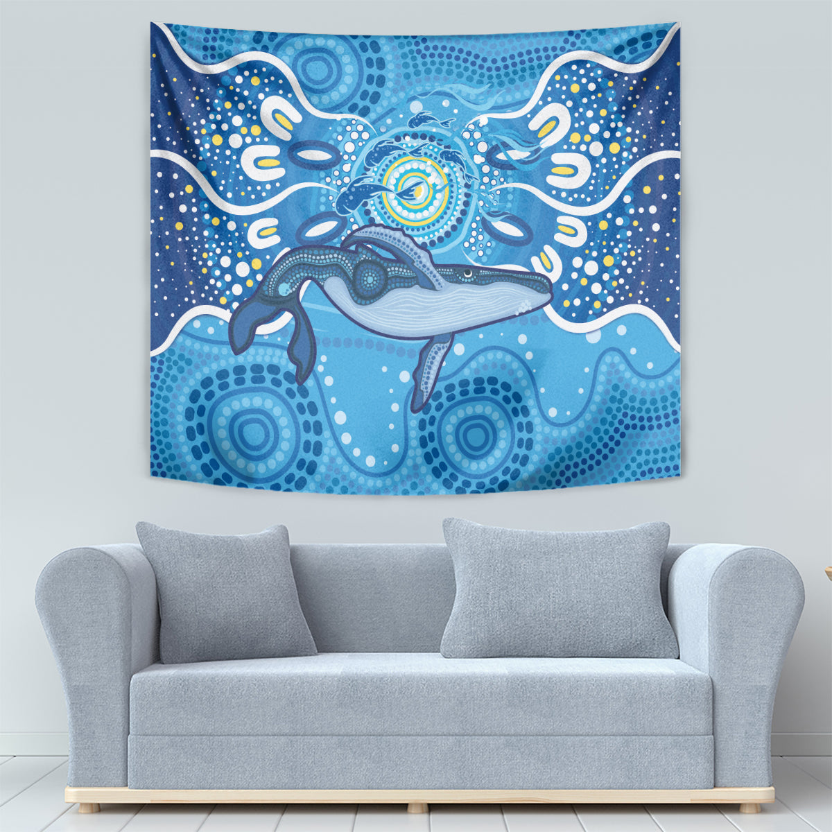 Whale In The Ocean Aboriginal Dot Art Tapestry No1