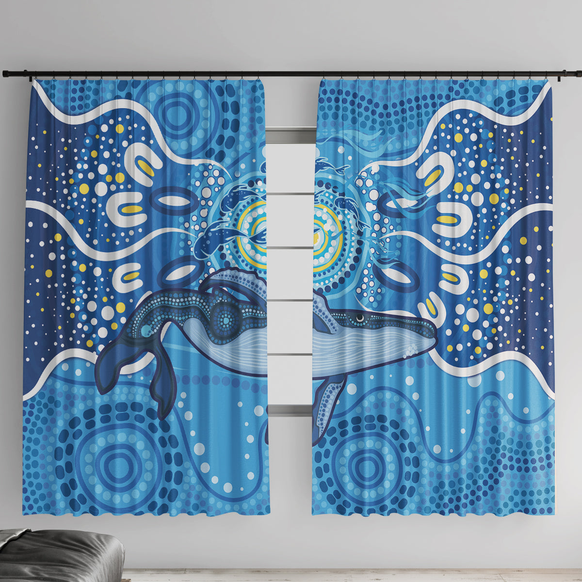 Whale In The Ocean Aboriginal Dot Art Window Curtain No1