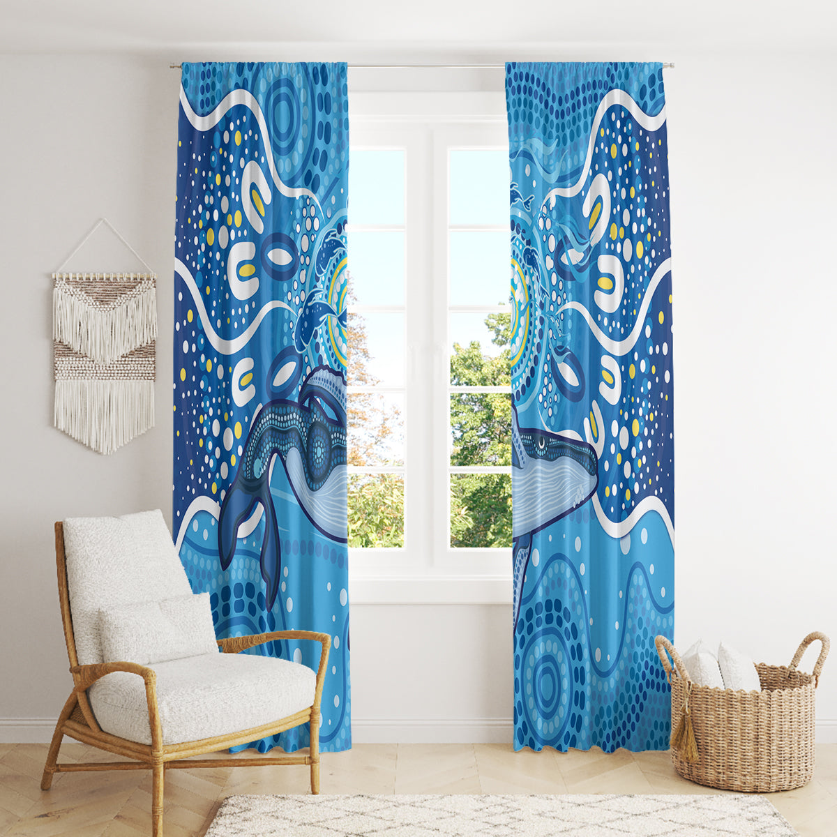 Whale In The Ocean Aboriginal Dot Art Window Curtain No1