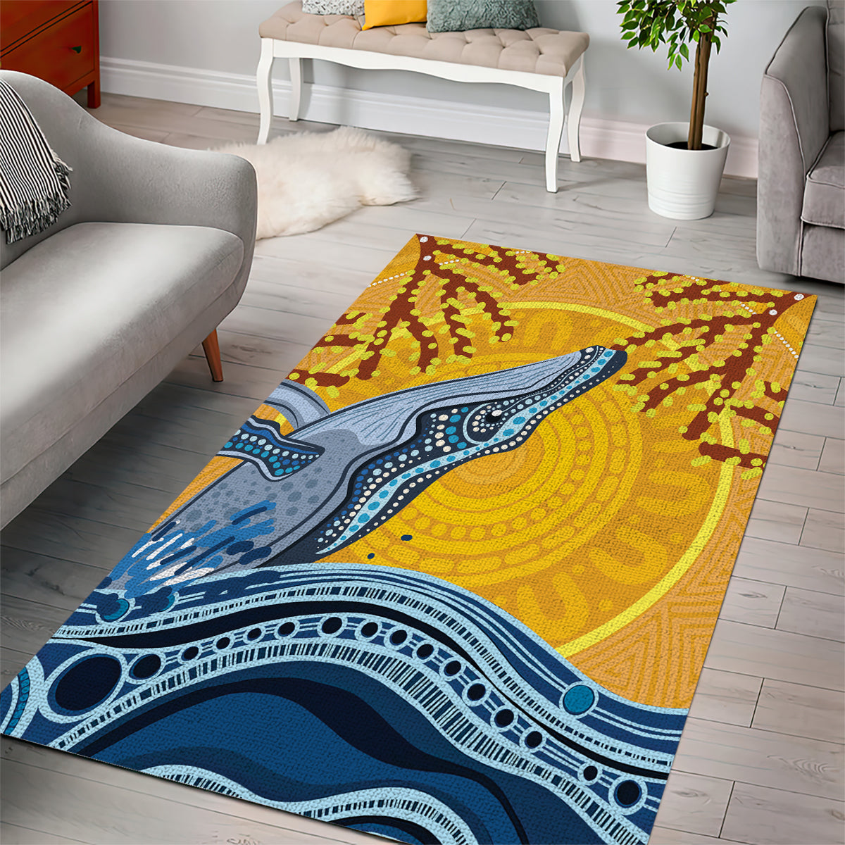 Whale In The Ocean Aboriginal Dot Art Area Rug No2