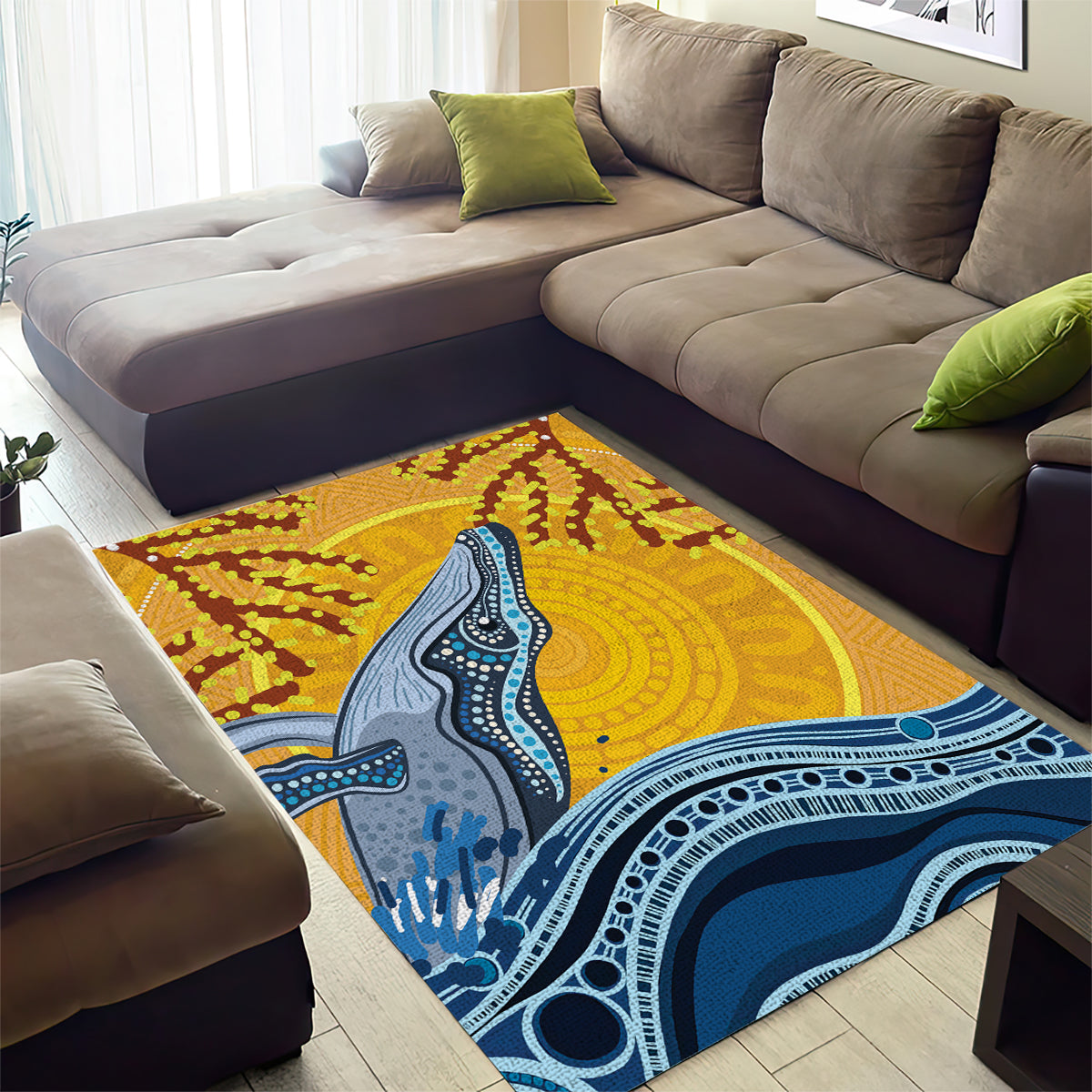 Whale In The Ocean Aboriginal Dot Art Area Rug No2