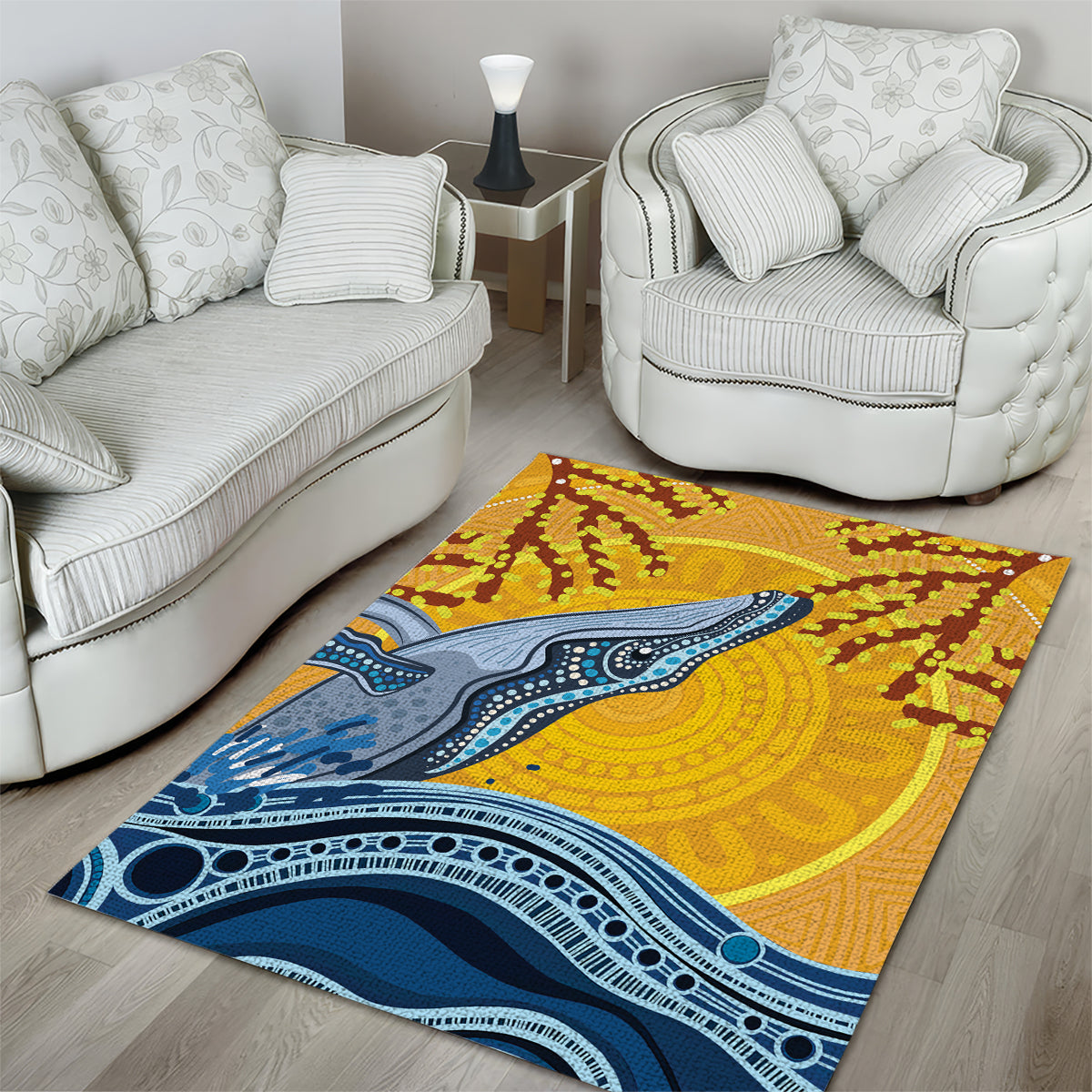 Whale In The Ocean Aboriginal Dot Art Area Rug No2