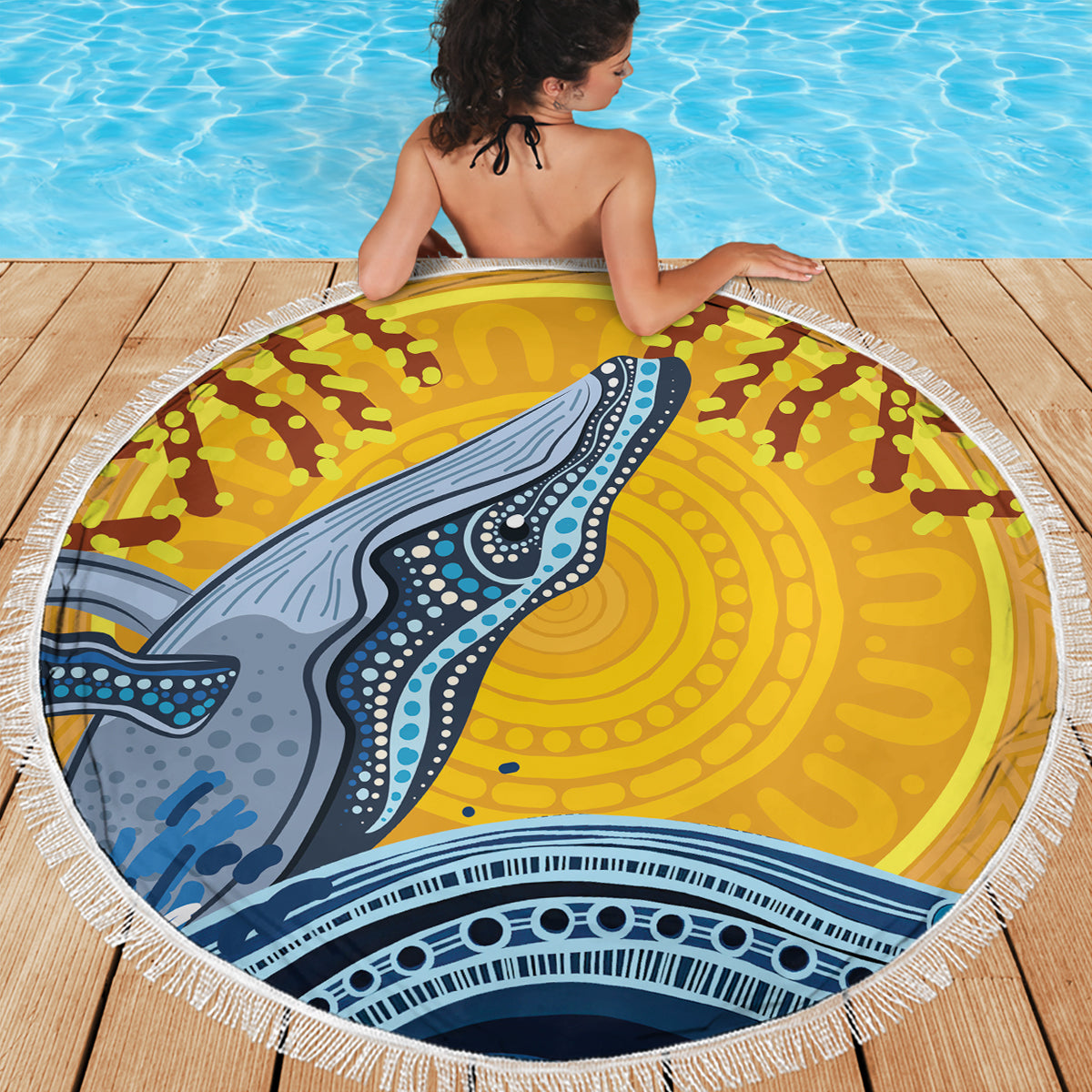 Whale In The Ocean Aboriginal Dot Art Beach Blanket No2