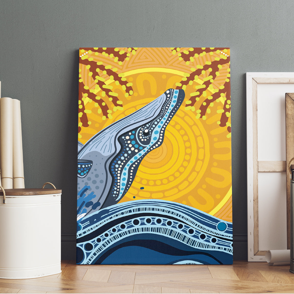 Whale In The Ocean Aboriginal Dot Art Canvas Wall Art No2