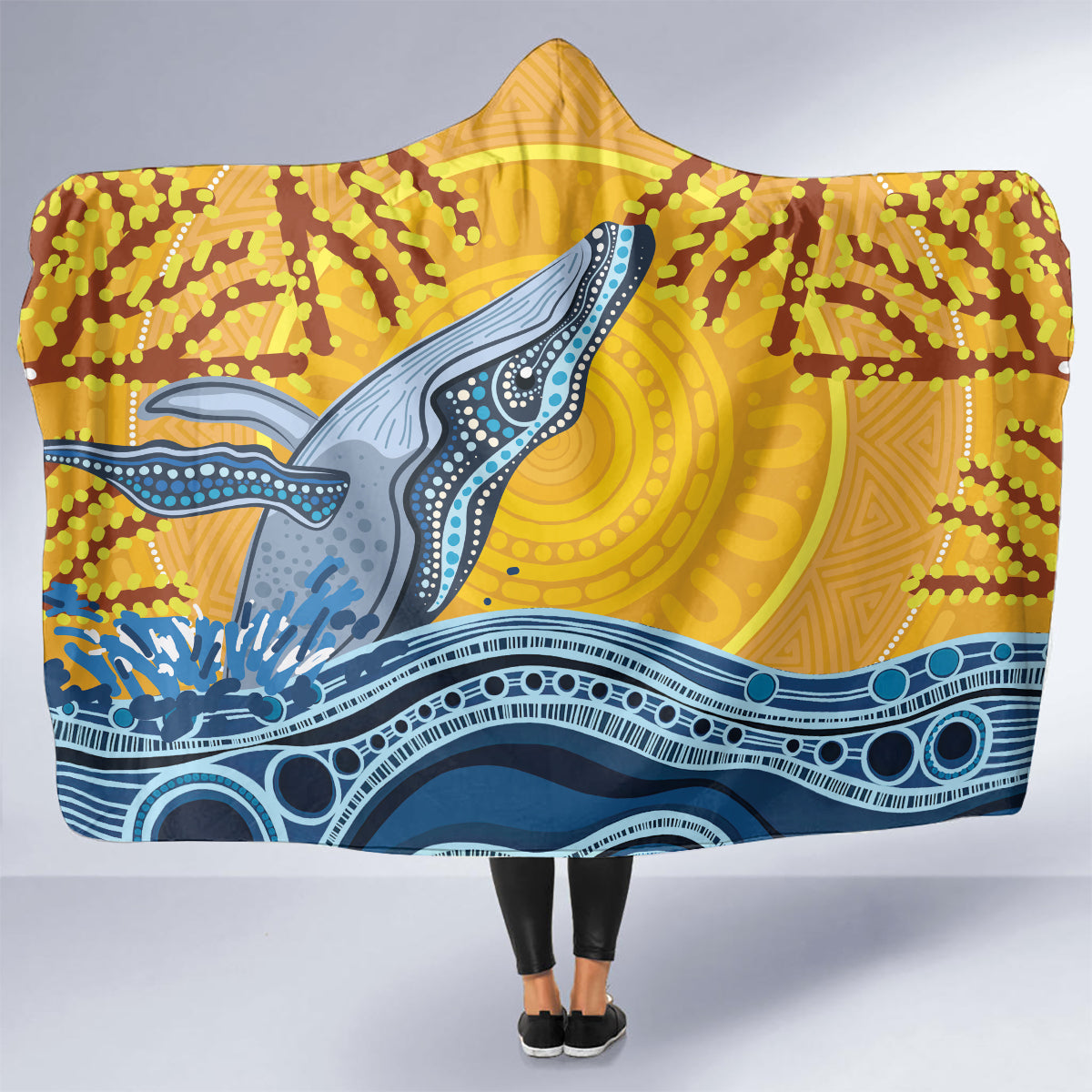 Whale In The Ocean Aboriginal Dot Art Hooded Blanket No2