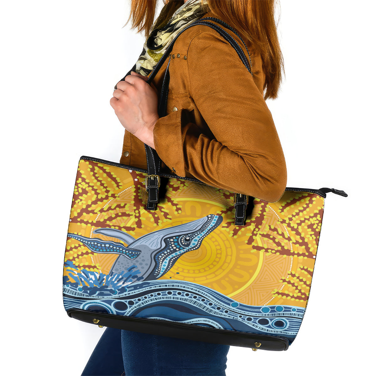 Whale In The Ocean Aboriginal Dot Art Leather Tote Bag No2