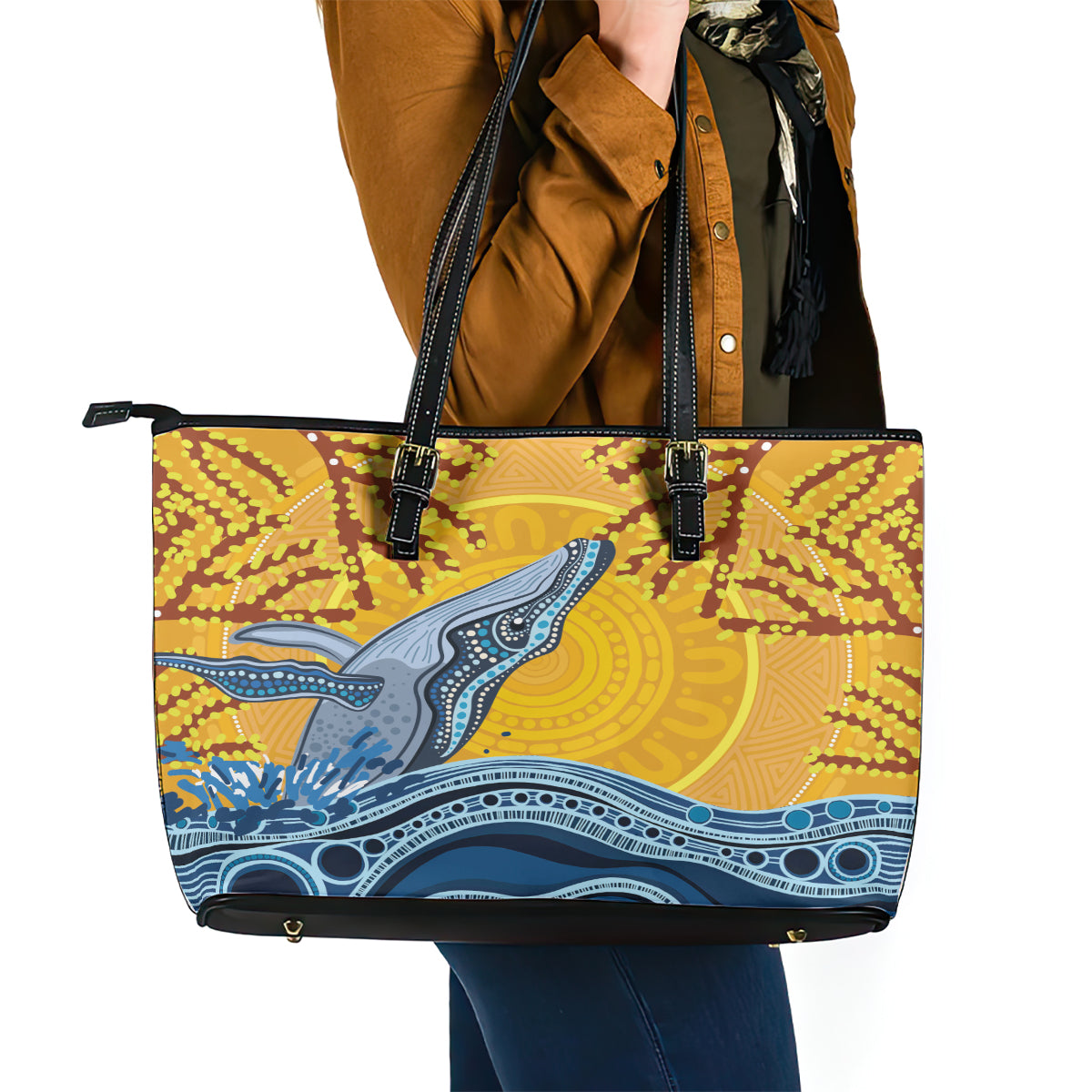 Whale In The Ocean Aboriginal Dot Art Leather Tote Bag No2