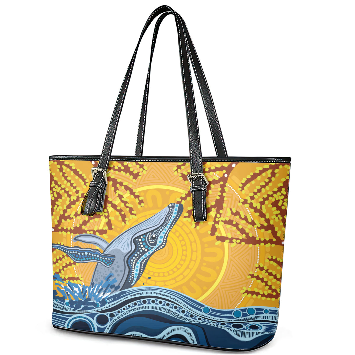 Whale In The Ocean Aboriginal Dot Art Leather Tote Bag No2