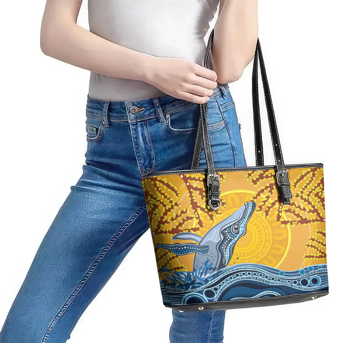 Whale In The Ocean Aboriginal Dot Art Leather Tote Bag No2