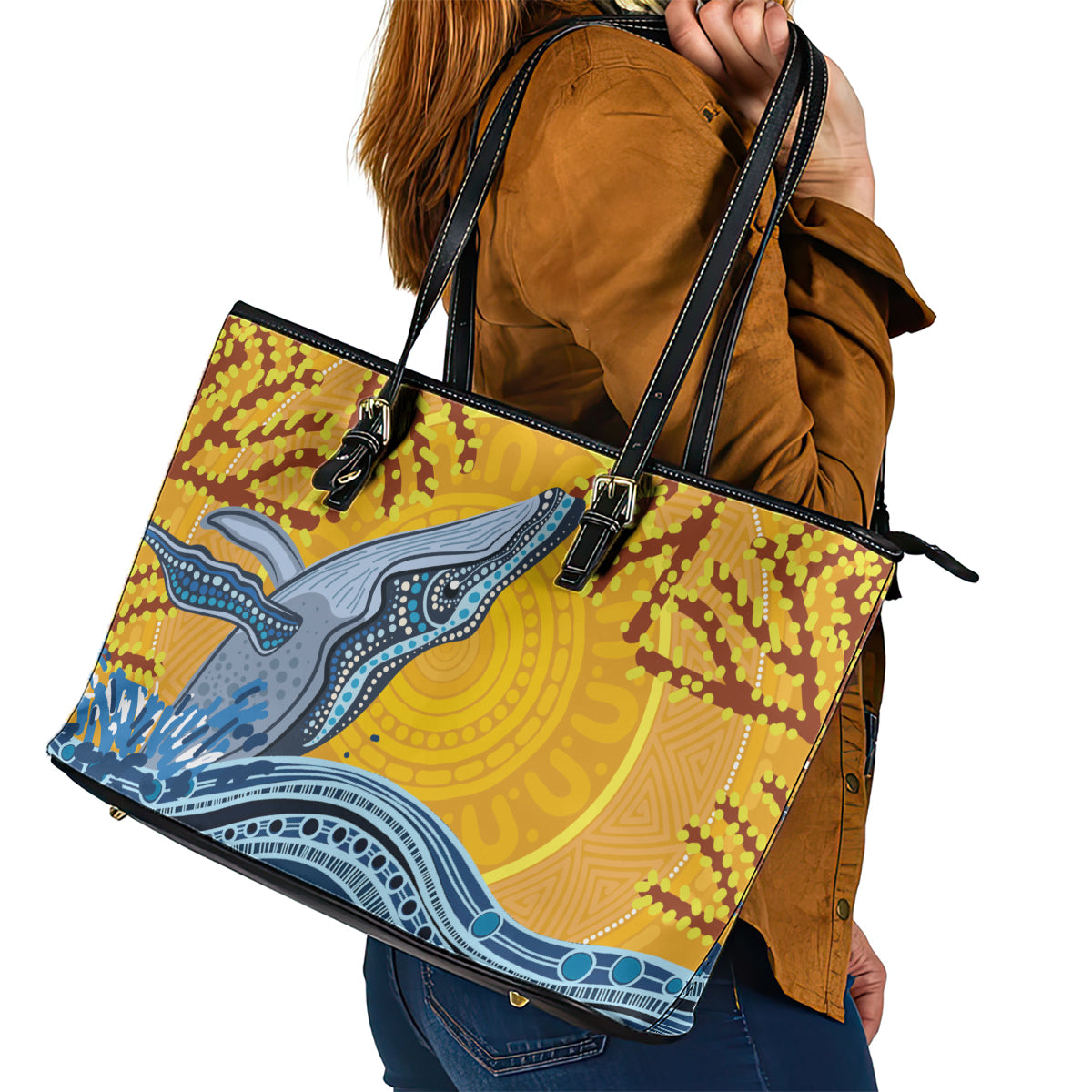 Whale In The Ocean Aboriginal Dot Art Leather Tote Bag No2