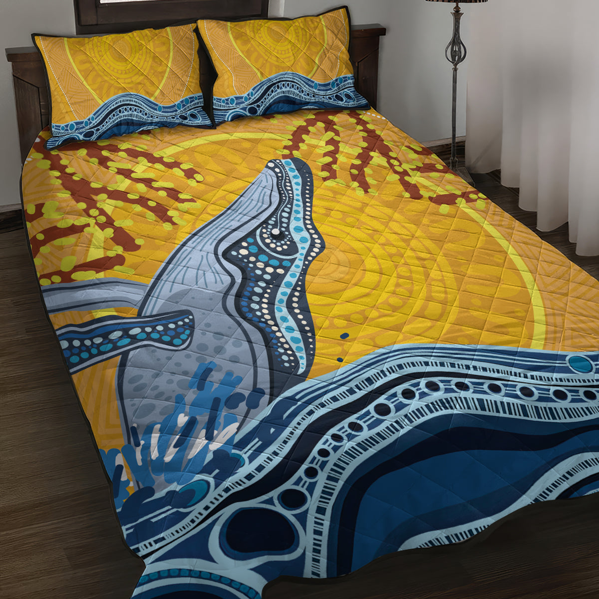 Whale In The Ocean Aboriginal Dot Art Quilt Bed Set No2