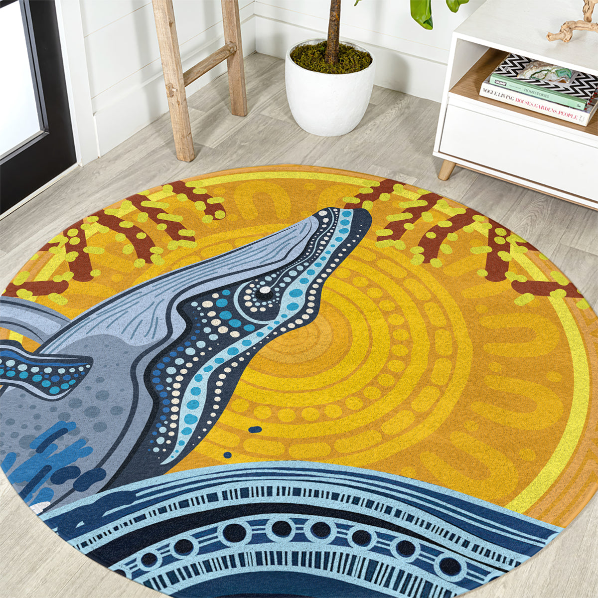 Whale In The Ocean Aboriginal Dot Art Round Carpet No2