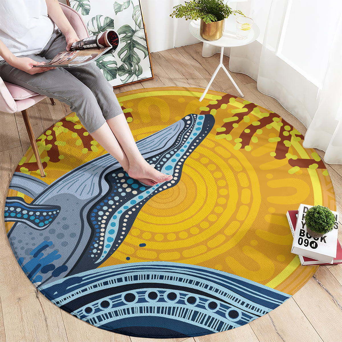 Whale In The Ocean Aboriginal Dot Art Round Carpet No2